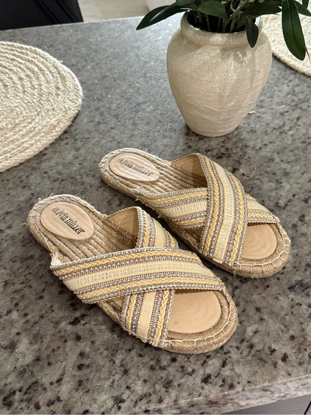 Olivia Miller Yellow and Natural Espadrille Slide Sandals